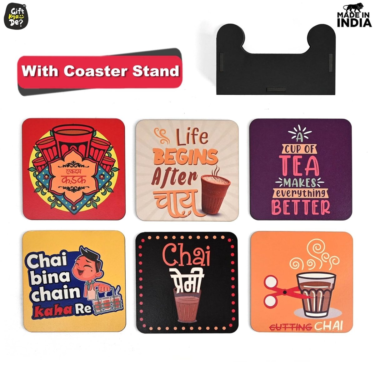 Coaster Set of 12 | Wooden Square Coasters with Proper Coaster Stand | Designer Coaster Set