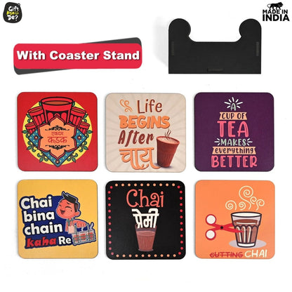 Coaster Set of 12 | Wooden Square Coasters with Proper Coaster Stand | Designer Coaster Set