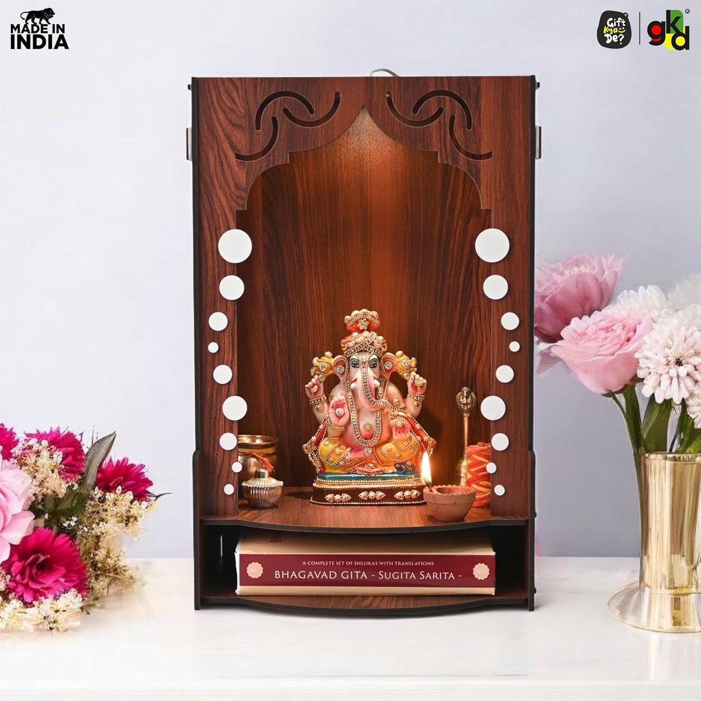 Wooden Temple for Home Wall Mounted with LED Light | Traditional & Modern Pooja Mandir Designs | Easy to Assemble (DIY)