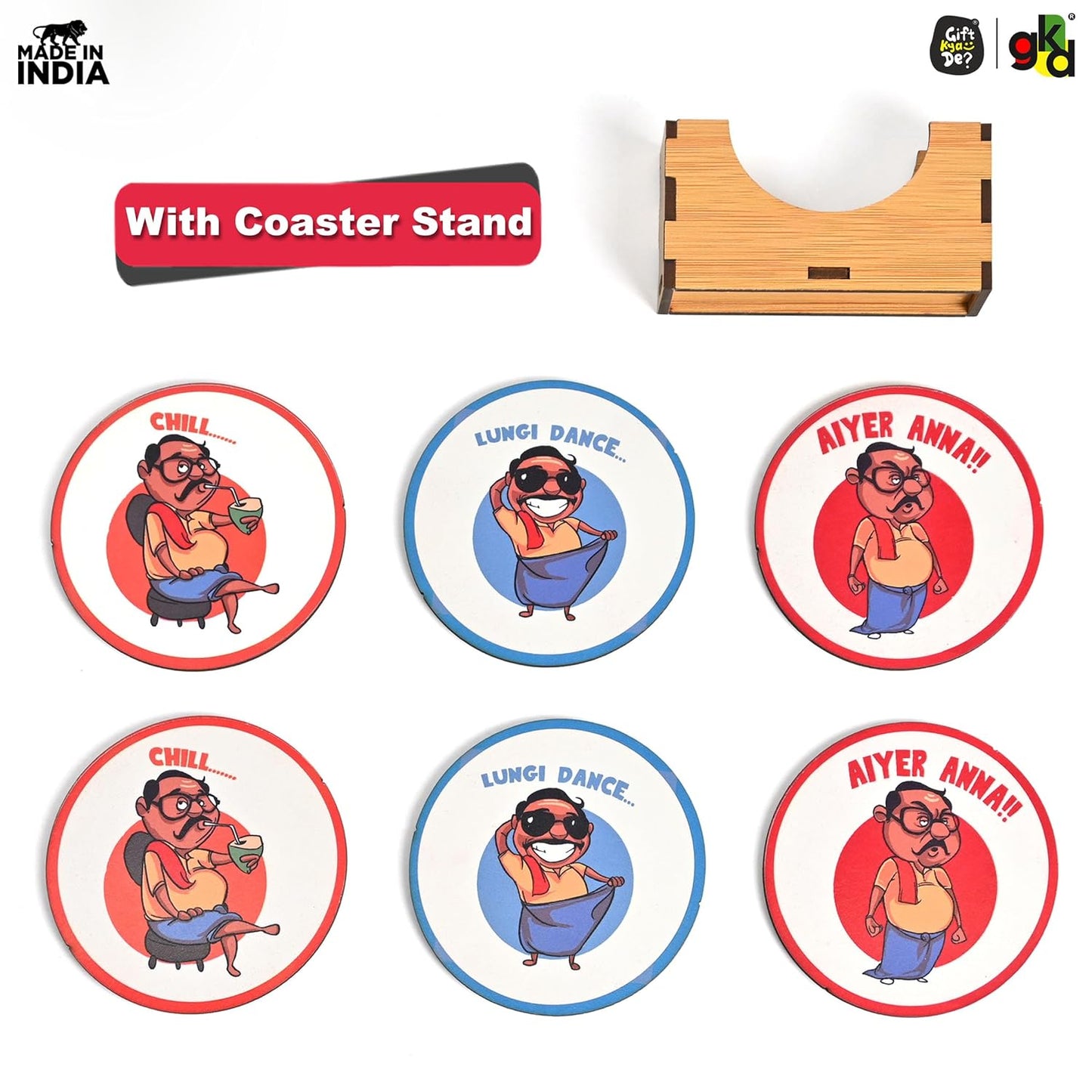 South India-Themed Wooden Coaster Set of 6 with Stand – Fun & Quirky Tamil Designs