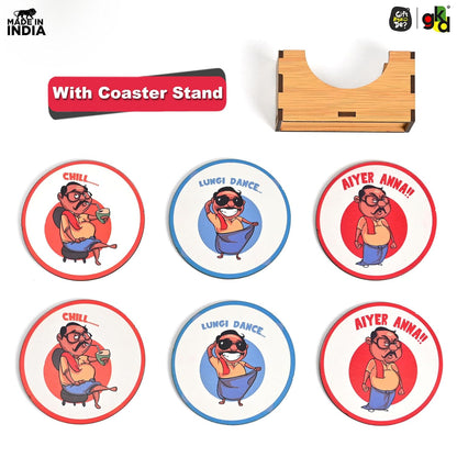 South India-Themed Wooden Coaster Set of 6 with Stand – Fun & Quirky Tamil Designs