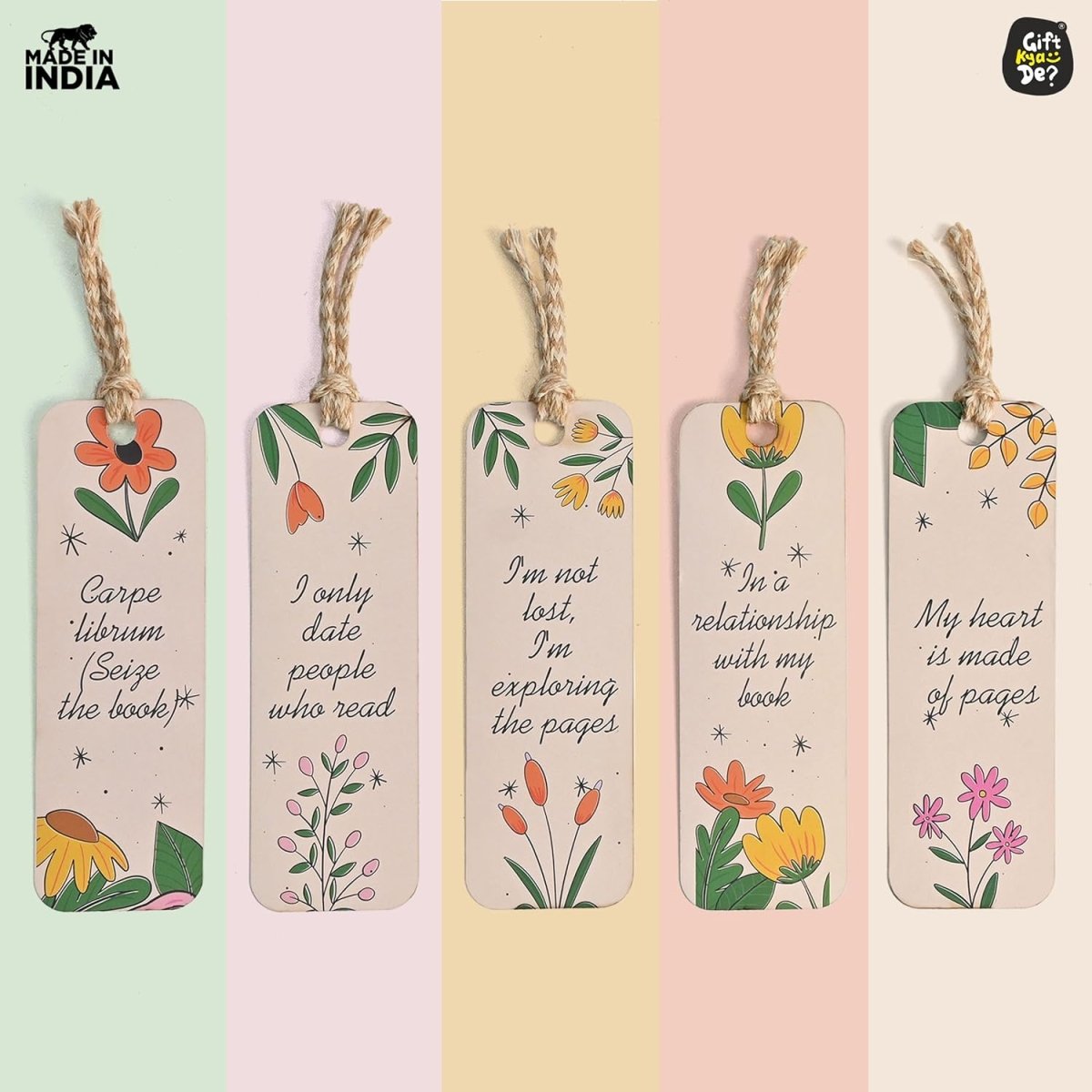 Bookmarks Set of 5 | Beautiful Designs & Quotes | Hard Paper Book Marker With Handmade Tassel Dori