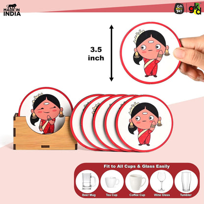 South India-Themed Wooden Coaster Set of 6 with Stand – Fun & Quirky Tamil Designs