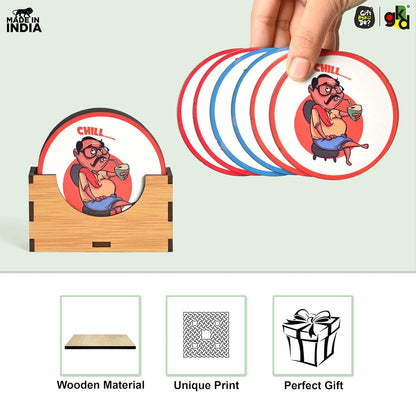 South India-Themed Wooden Coaster Set of 6 with Stand – Fun & Quirky Tamil Designs