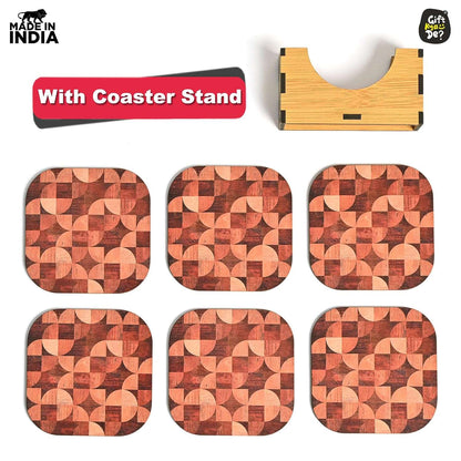 Coaster Set of 6 Woody Design | Wooden Coasters With Coaster Stand | Kitchen Accessories (Ecofriendly)