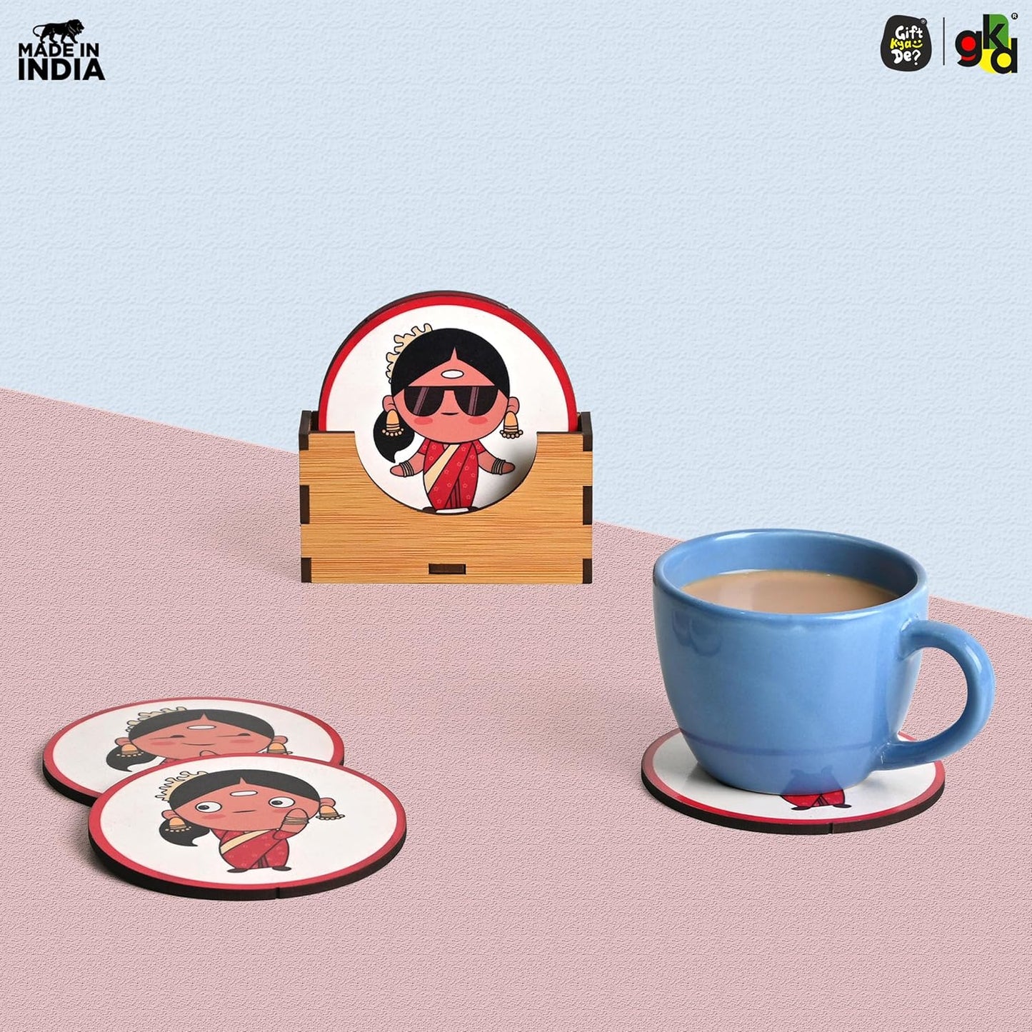 South India-Themed Wooden Coaster Set of 6 with Stand – Fun & Quirky Tamil Designs