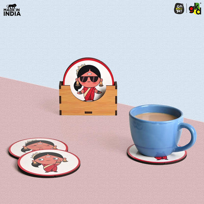 South India-Themed Wooden Coaster Set of 6 with Stand – Fun & Quirky Tamil Designs