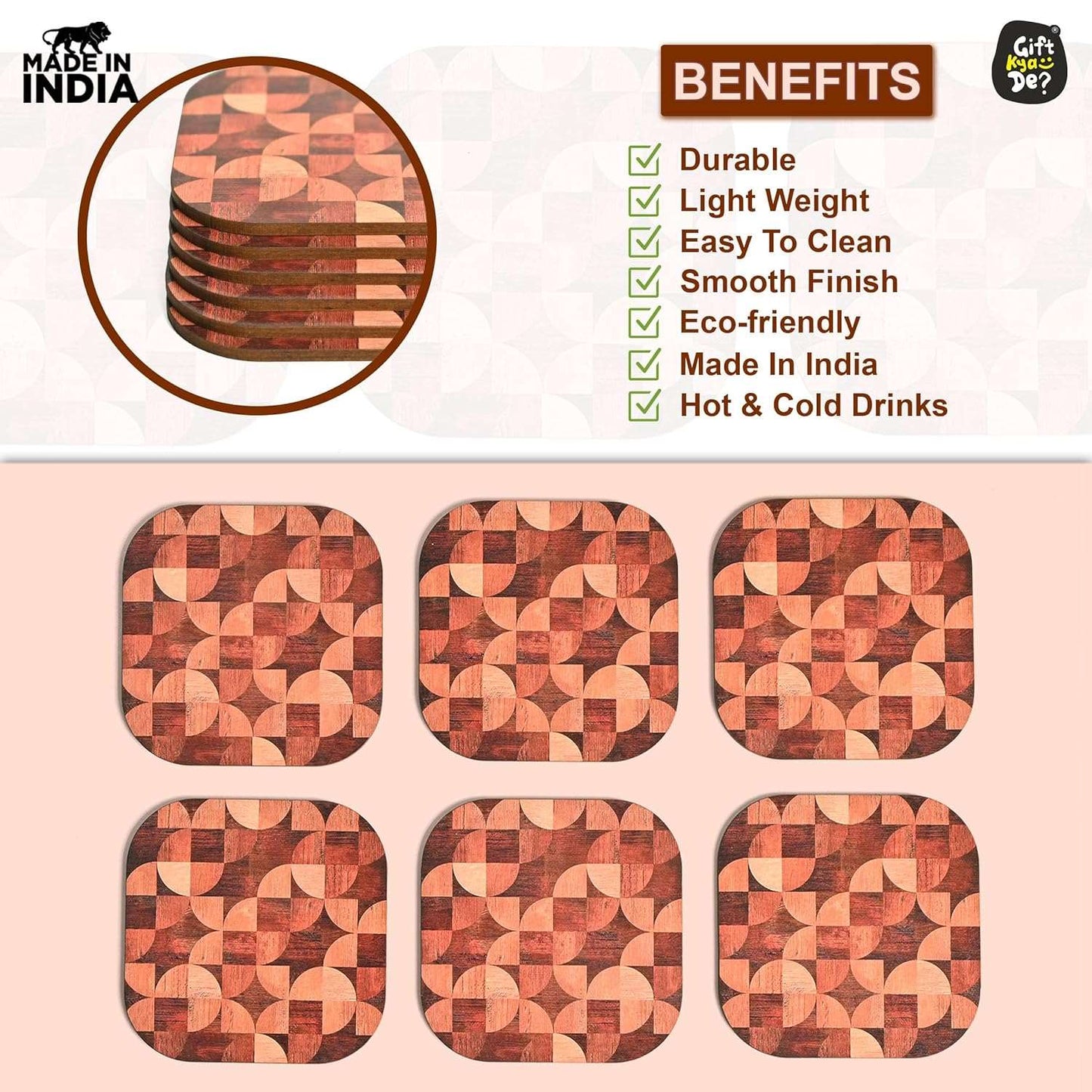 Coaster Set of 6 Woody Design | Wooden Coasters With Coaster Stand | Kitchen Accessories (Ecofriendly)