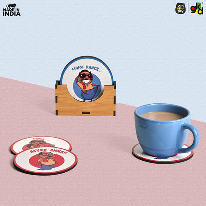 South India-Themed Wooden Coaster Set of 6 with Stand – Fun & Quirky Tamil Designs