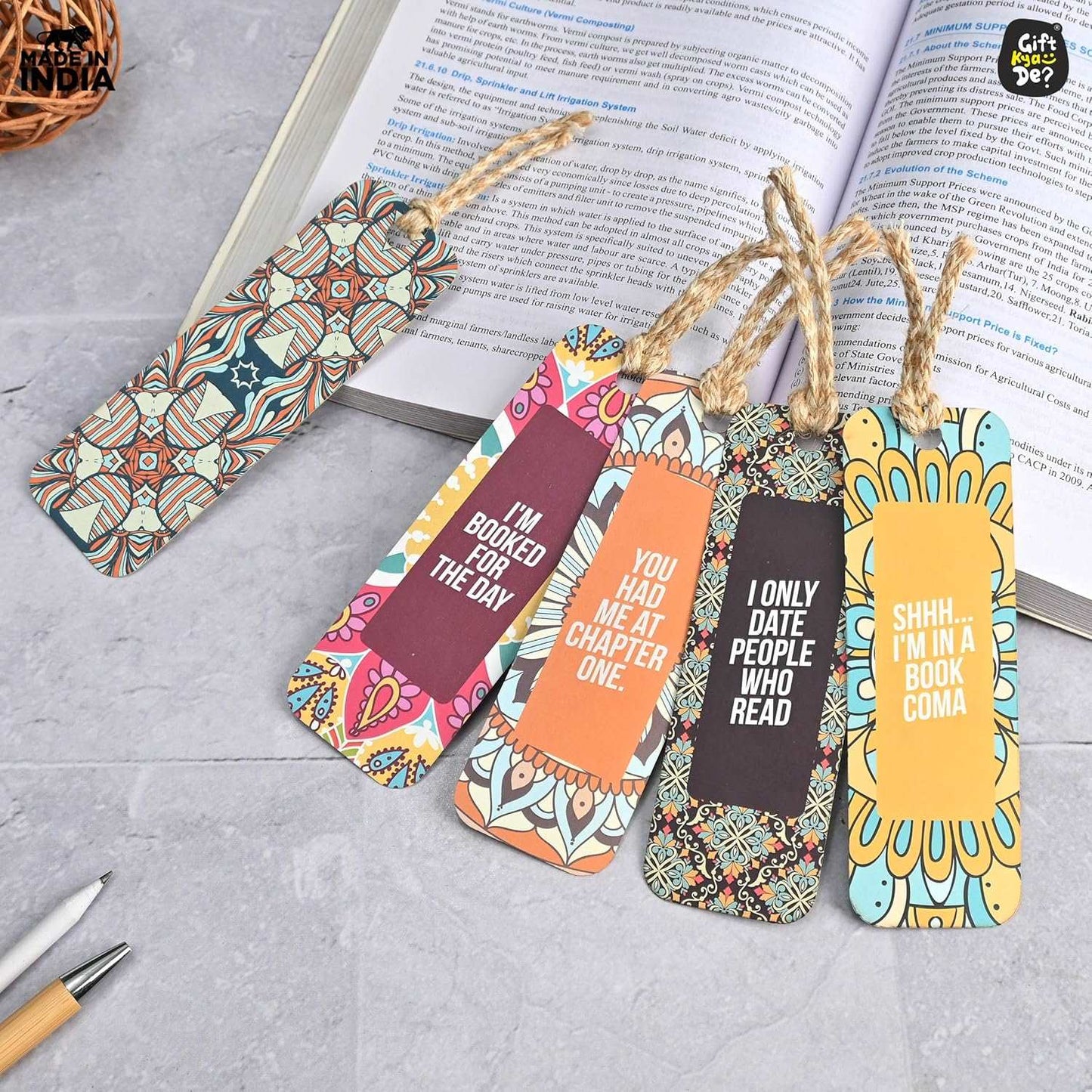 Bookmarks Set of 5 | Beautiful Designs & Quotes | Hard Paper Book Marker With Handmade Tassel Dori