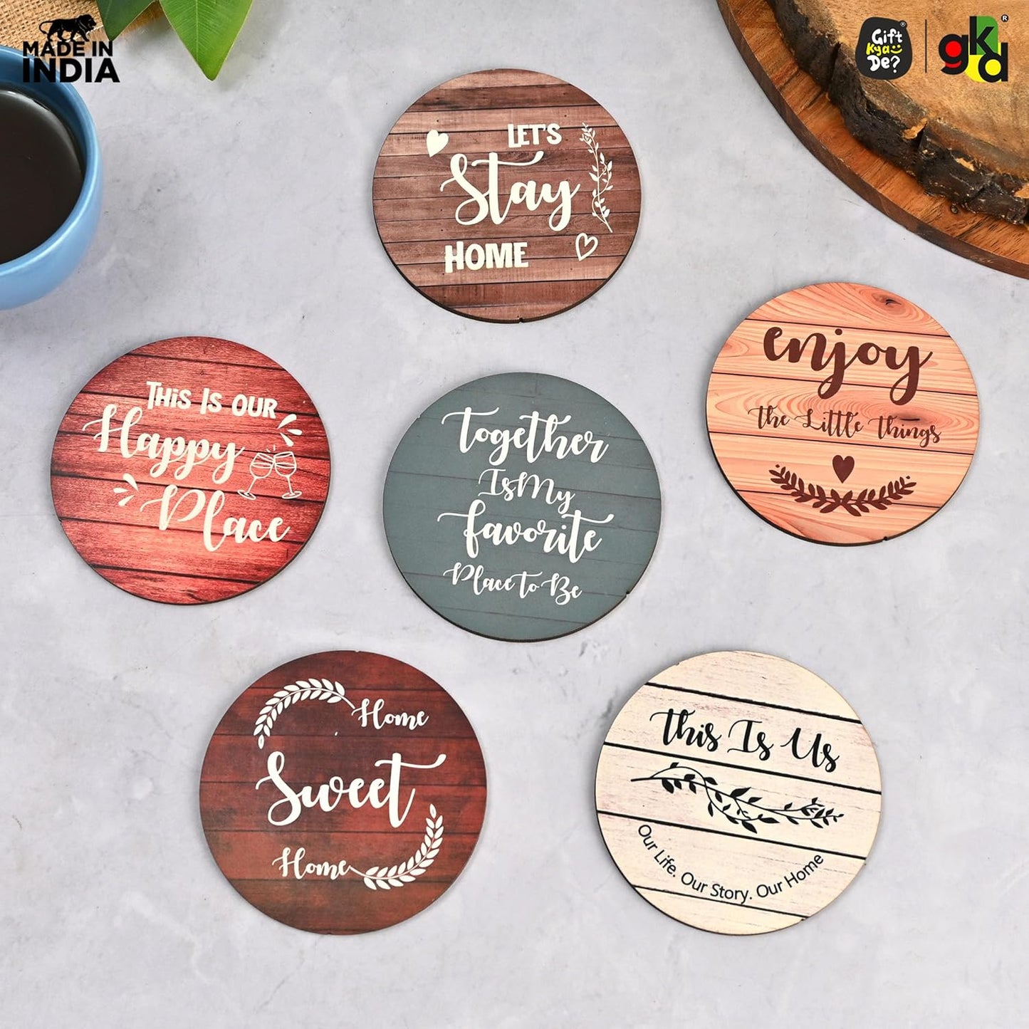 Home Quotes Wooden Coaster Set Of 6 With Stand – Perfect for Tea & Coffee Mugs