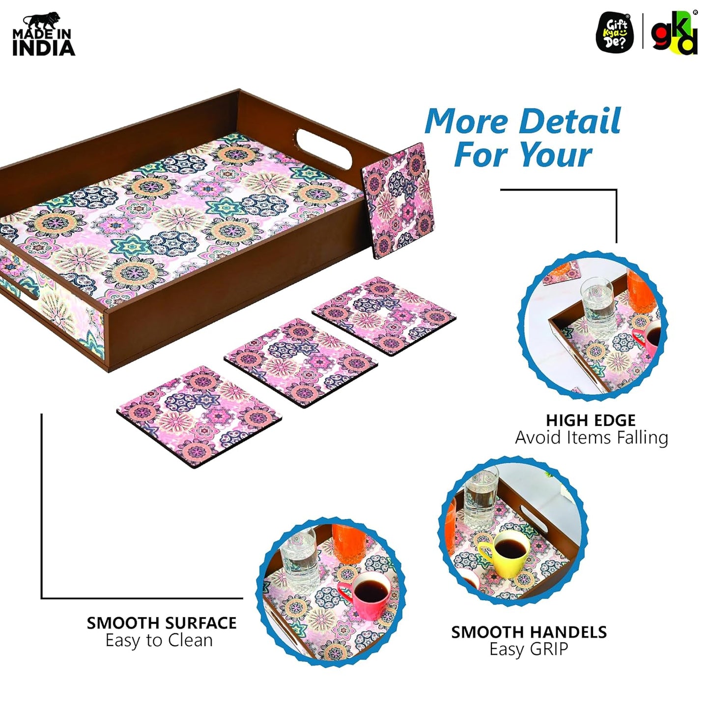 Wooden Serving Tray with 4 Free Coasters – 11x15 Inch Tea, Coffee & Snack Tray – Tray with Handles for Home, Kitchen & Dining