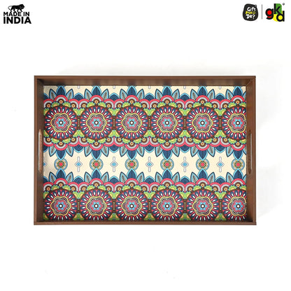 Wooden Serving Tray with 4 Free Coasters – 11x15 Inch Tea, Coffee & Snack Tray – Tray with Handles for Home, Kitchen & Dining