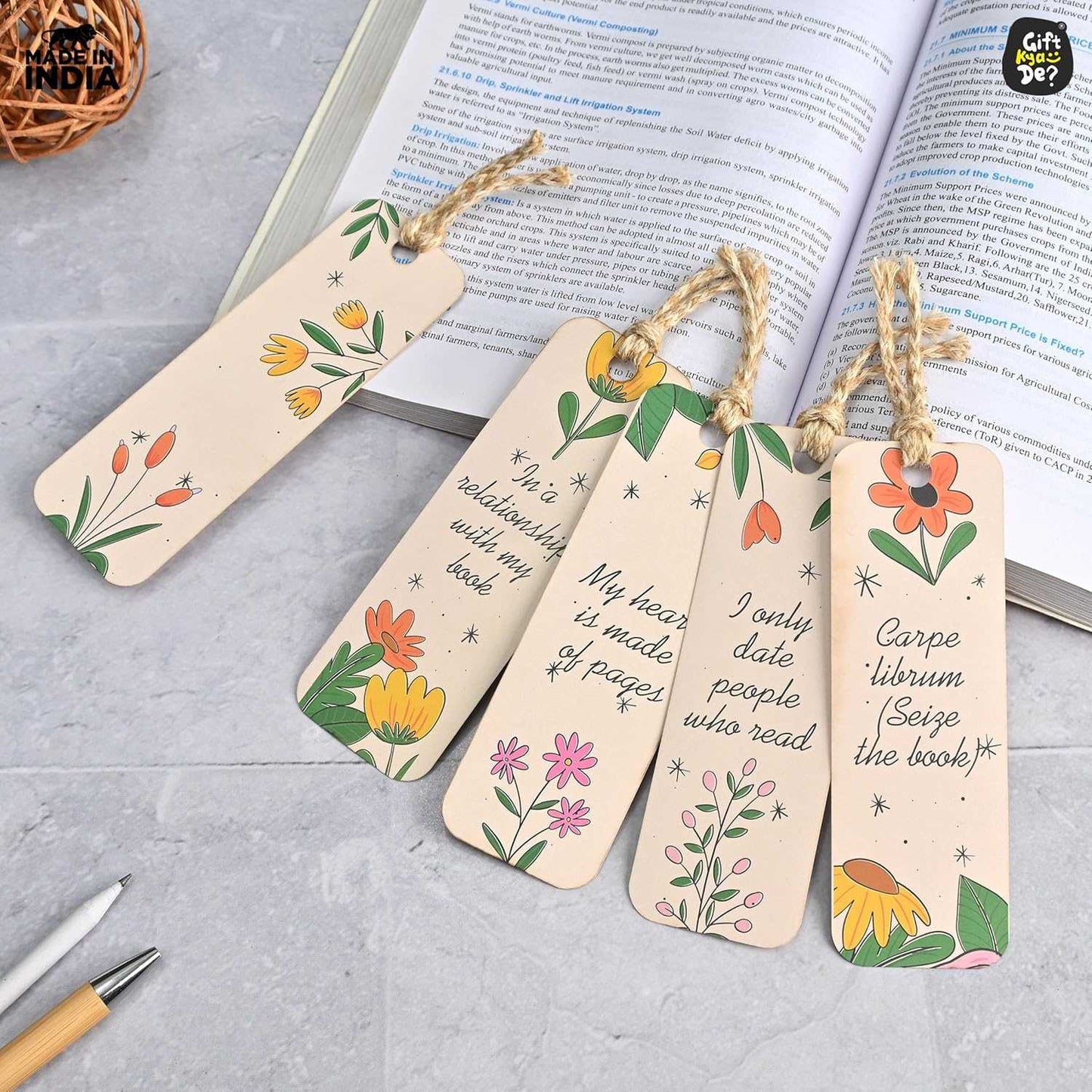 Bookmarks Set of 5 | Beautiful Designs & Quotes | Hard Paper Book Marker With Handmade Tassel Dori