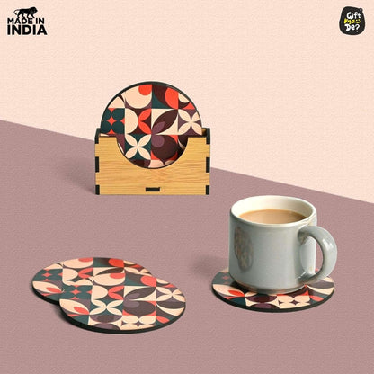 Coaster Set of 6 Modern Art Design | Wooden Coasters to Serve Tea Cups, Coffee Mugs and Glasses