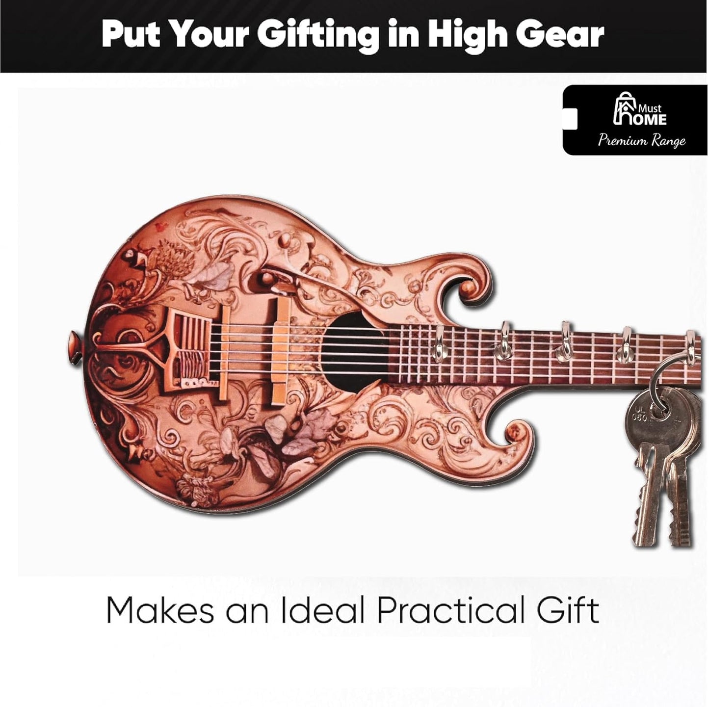 MustHome Key Holder for Home | Premium Guitar Wooden Key Holder | 30 by 15 cm