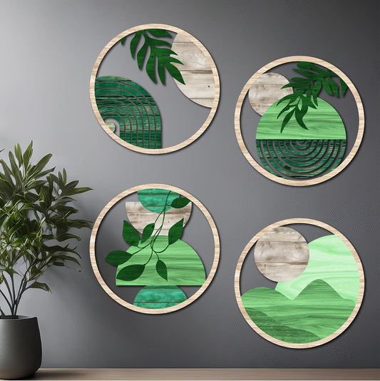 MustHome Wall Plates, Boho Wall Decor Set of 4, Multicolor, Wooden, 10 Inches