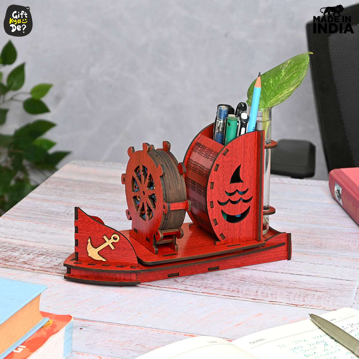 Boat Shape Coaster Stand With Set of 6 Coaster & Cute Test Tube Planter