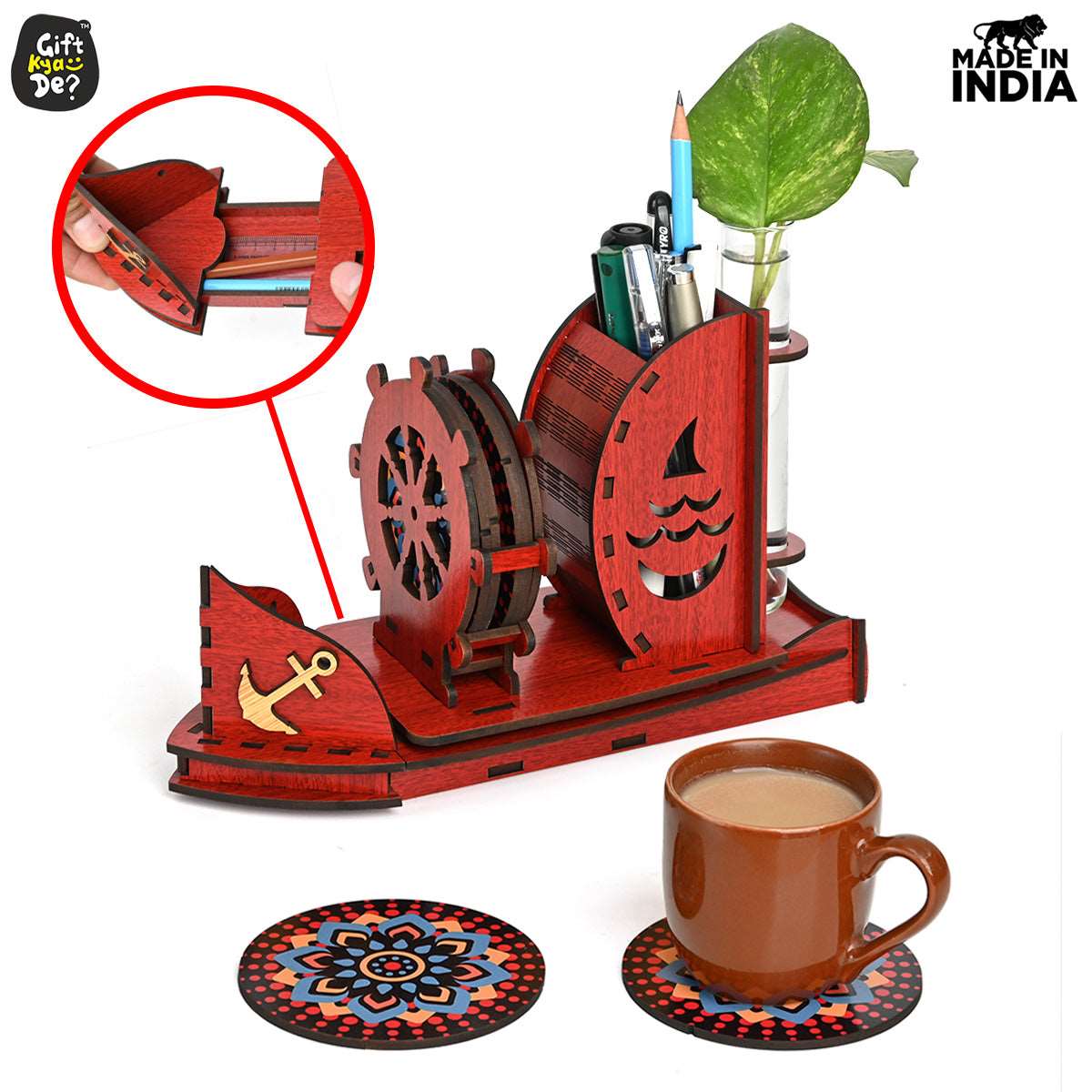 Boat Shape Coaster Stand With Set of 6 Coaster & Cute Test Tube Planter