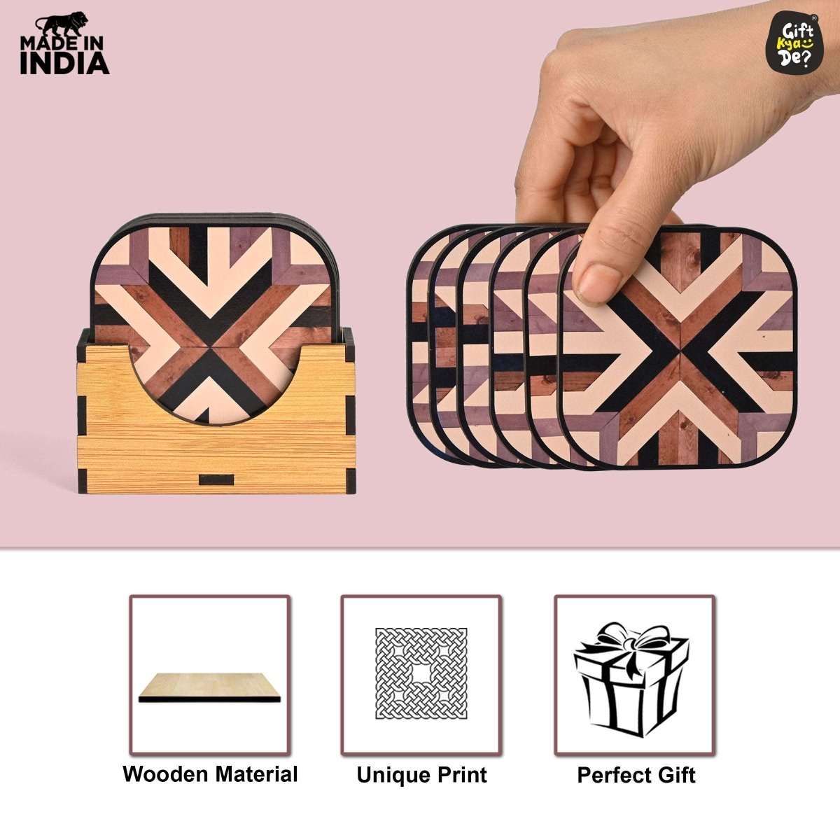 Coaster Set of 6 Chevron Design | Wooden Coasters With Coaster Stand | Kitchen Accessories (Ecofriendly)