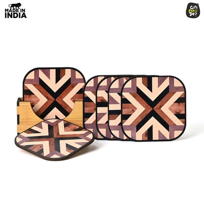 Coaster Set of 6 Chevron Design | Wooden Coasters With Coaster Stand | Kitchen Accessories (Ecofriendly)