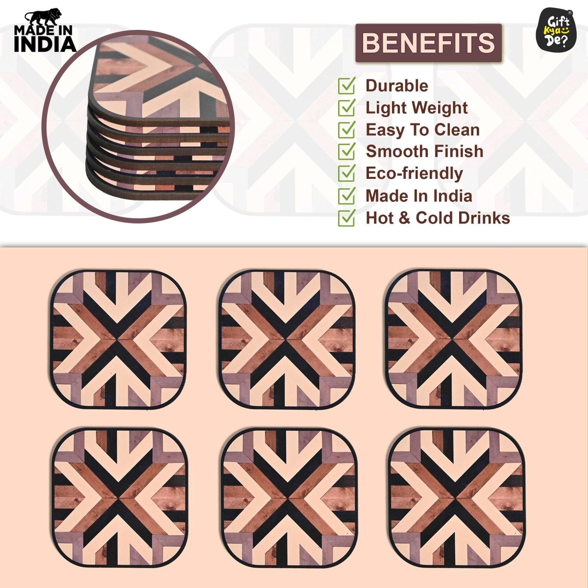 Coaster Set of 6 Chevron Design | Wooden Coasters With Coaster Stand | Kitchen Accessories (Ecofriendly)