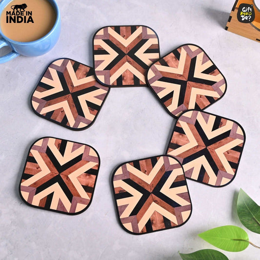 Coaster Set of 6 Chevron Design | Wooden Coasters With Coaster Stand | Kitchen Accessories (Ecofriendly)