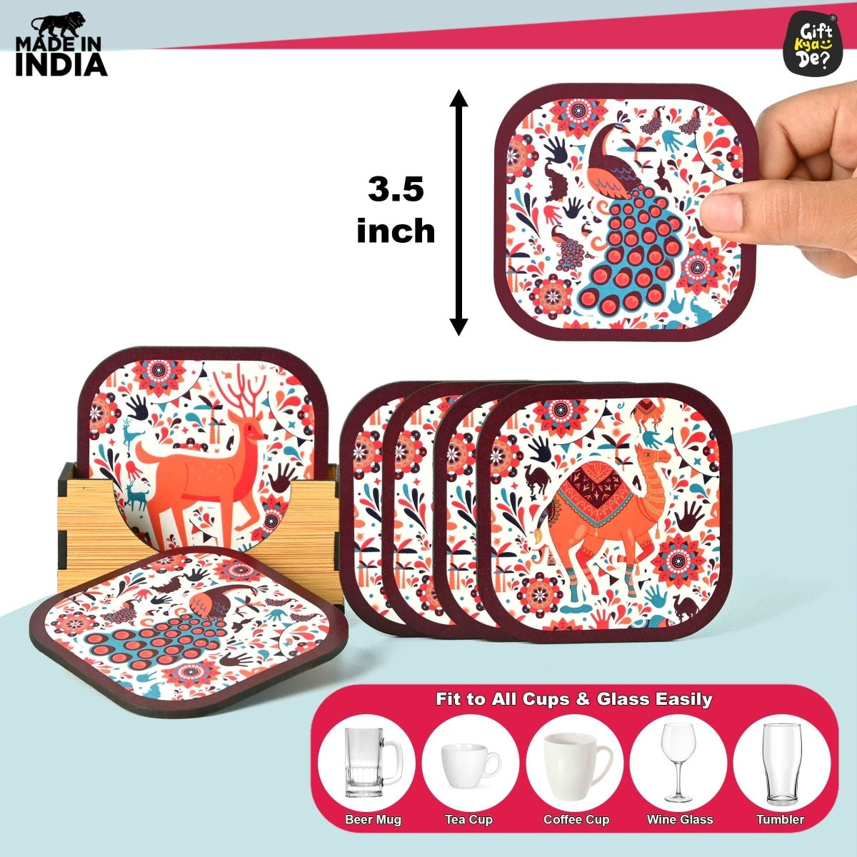 Coaster Set of 6 Vibrant & Colorful India Design | Wooden Coasters With Coaster Stand | Kitchen Accessories (Ecofriendly)