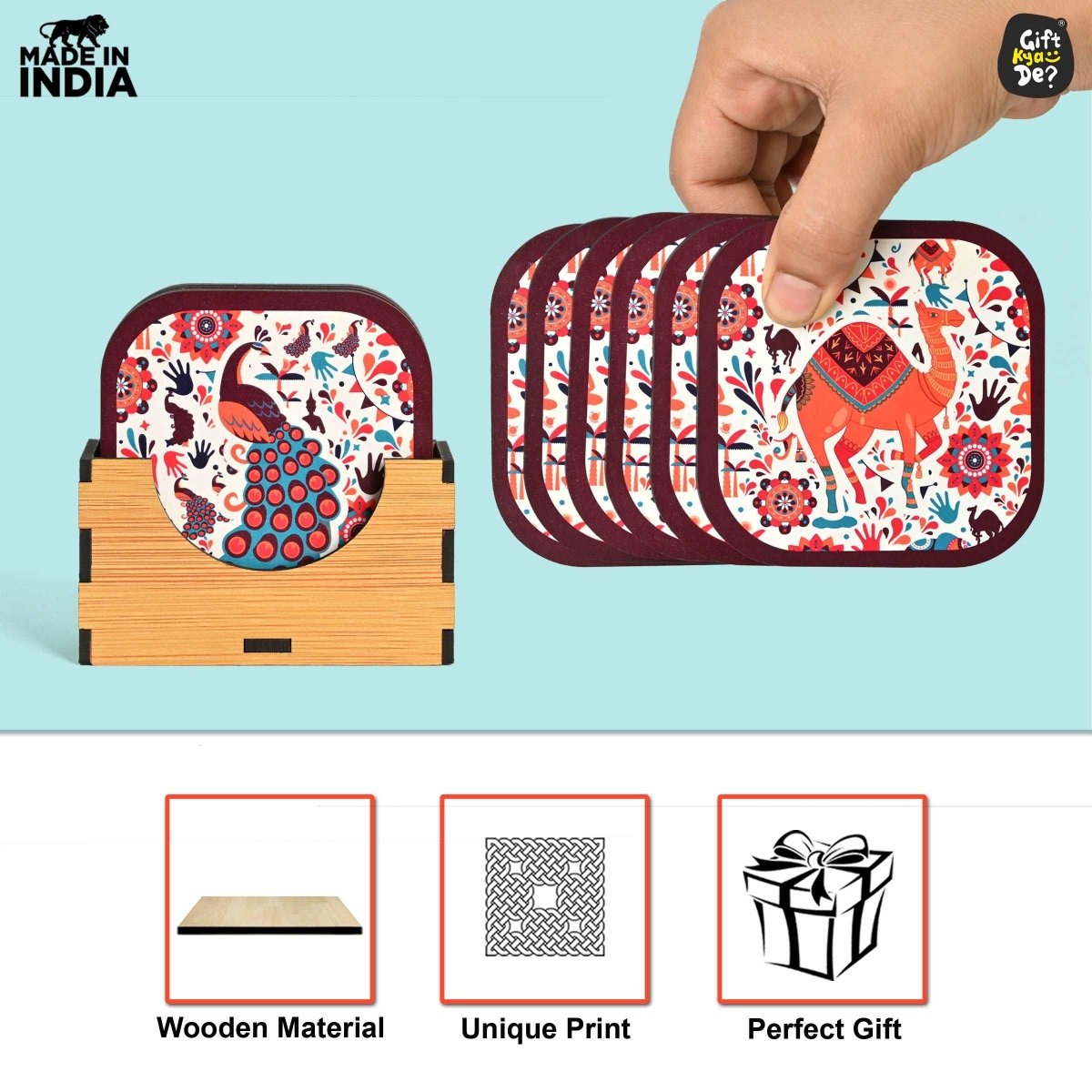 Coaster Set of 6 Vibrant & Colorful India Design | Wooden Coasters With Coaster Stand | Kitchen Accessories (Ecofriendly)
