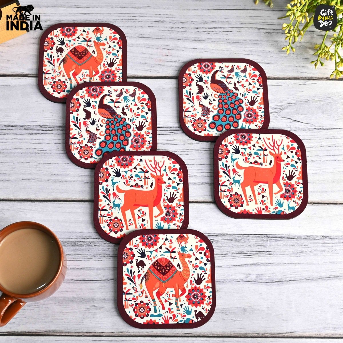 Coaster Set of 6 Vibrant & Colorful India Design | Wooden Coasters With Coaster Stand | Kitchen Accessories (Ecofriendly)