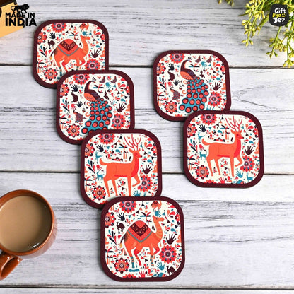 Coaster Set of 6 Vibrant & Colorful India Design | Wooden Coasters With Coaster Stand | Kitchen Accessories (Ecofriendly)