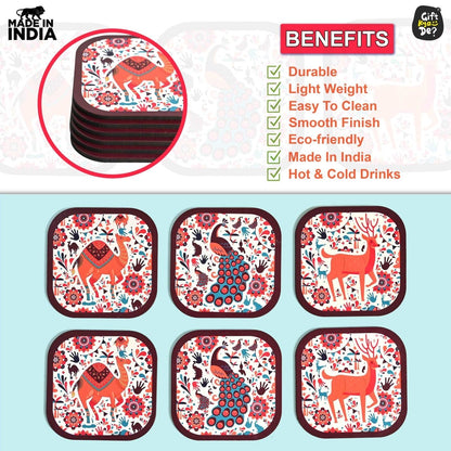Coaster Set of 6 Vibrant & Colorful India Design | Wooden Coasters With Coaster Stand | Kitchen Accessories (Ecofriendly)