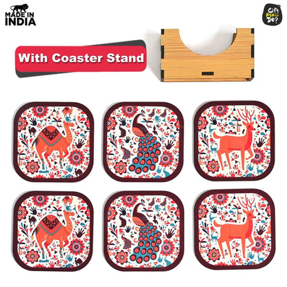 Coaster Set of 6 Vibrant & Colorful India Design | Wooden Coasters With Coaster Stand | Kitchen Accessories (Ecofriendly)