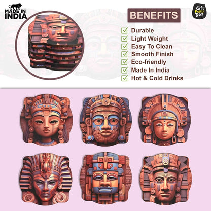 Coaster Set of 6 Mayan Art & Astronaut Design | Wooden Coasters to Serve Tea Cups, Coffee Mugs and Glasses