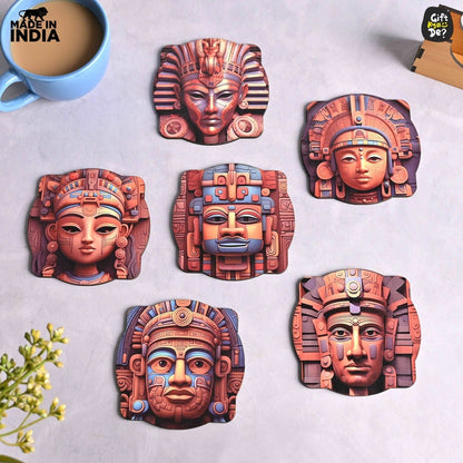 Coaster Set of 6 Mayan Art & Astronaut Design | Wooden Coasters to Serve Tea Cups, Coffee Mugs and Glasses