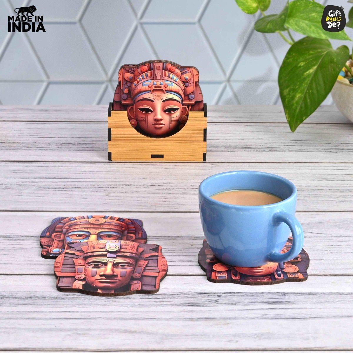 Coaster Set of 6 Mayan Art & Astronaut Design | Wooden Coasters to Serve Tea Cups, Coffee Mugs and Glasses