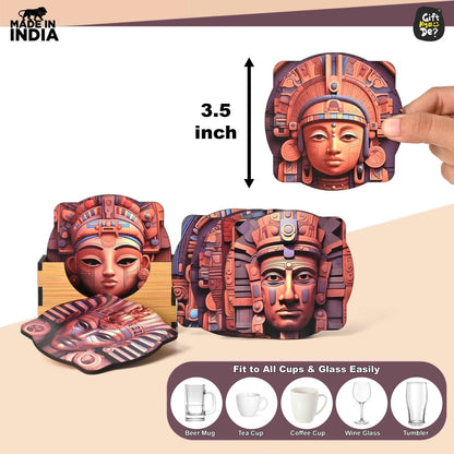 Coaster Set of 6 Mayan Art & Astronaut Design | Wooden Coasters to Serve Tea Cups, Coffee Mugs and Glasses