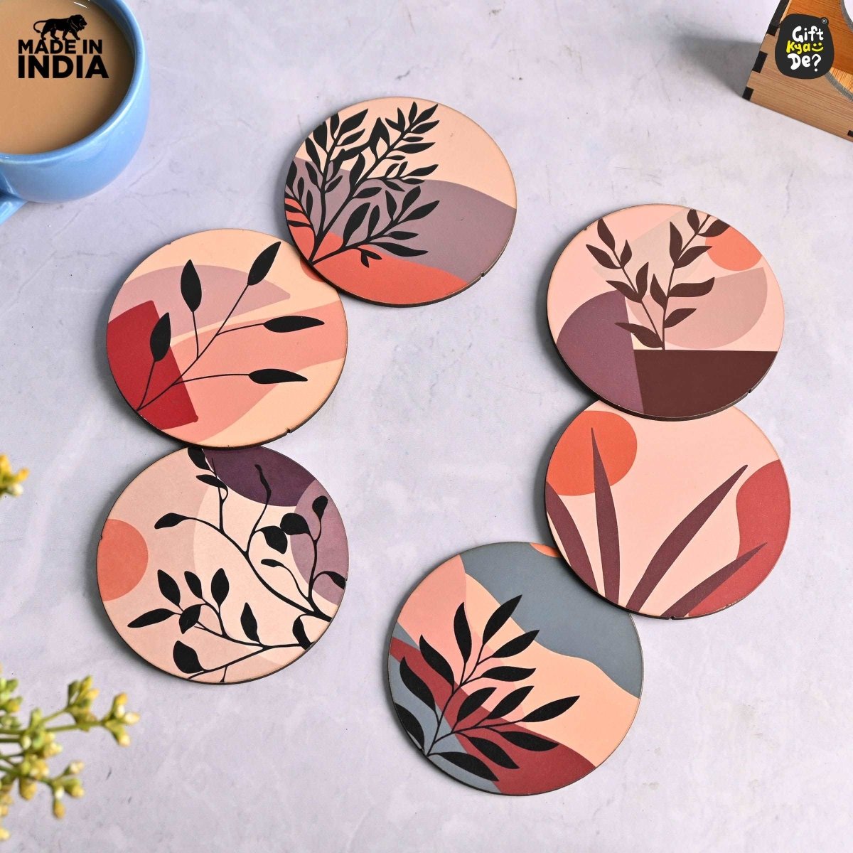 Coaster Set of 6 Modern Art Design | Wooden Coasters to Serve Tea Cups, Coffee Mugs and Glasses