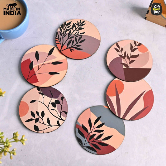 Coaster Set of 6 Modern Art Design | Wooden Coasters to Serve Tea Cups, Coffee Mugs and Glasses