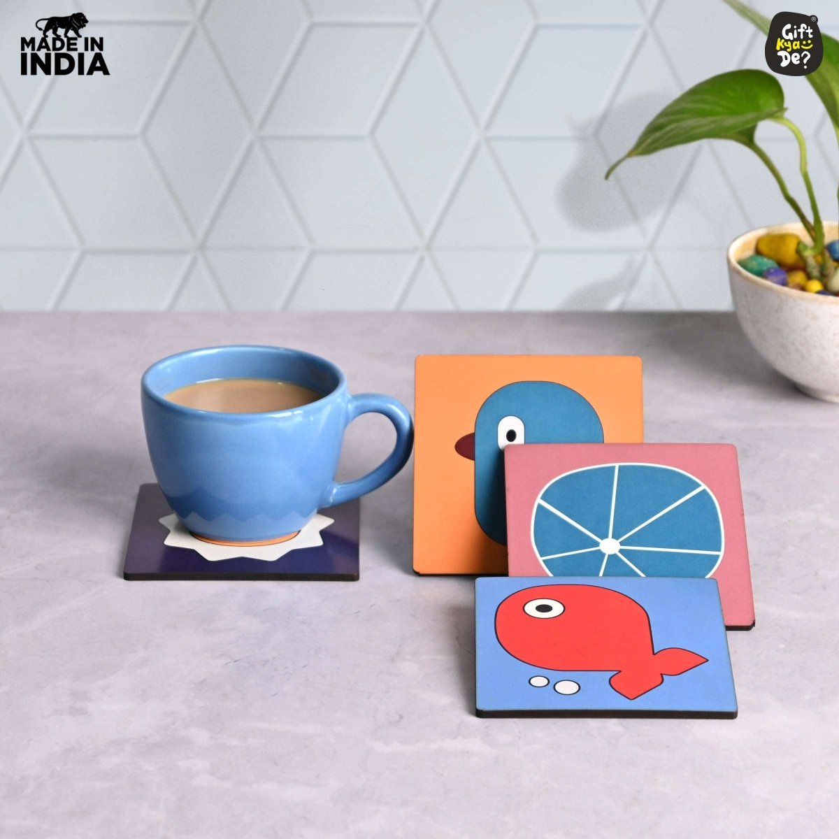 Coaster Set of 4 & 6 Sea Life & Cartoon Design | Wooden Coasters to Serve Tea Cups, Coffee Mugs and Glasses