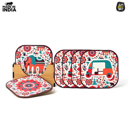 Coaster Set of 6 Vibrant & Colorful India Design | Wooden Coasters With Coaster Stand | Kitchen Accessories (Ecofriendly)