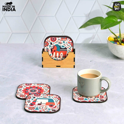 Coaster Set of 6 Vibrant & Colorful India Design | Wooden Coasters With Coaster Stand | Kitchen Accessories (Ecofriendly)