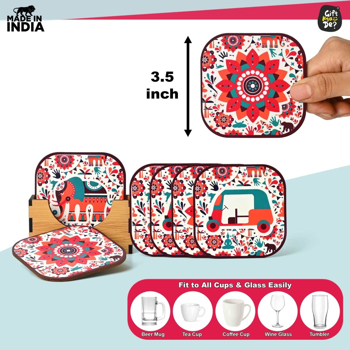 Coaster Set of 6 Vibrant & Colorful India Design | Wooden Coasters With Coaster Stand | Kitchen Accessories (Ecofriendly)
