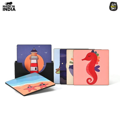 Coaster Set of 4 & 6 Sea Life & Cartoon Design | Wooden Coasters to Serve Tea Cups, Coffee Mugs and Glasses