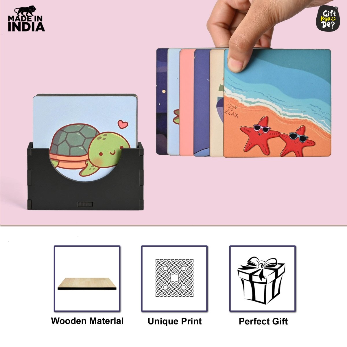 Coaster Set of 4 & 6 Sea Life & Cartoon Design | Wooden Coasters to Serve Tea Cups, Coffee Mugs and Glasses