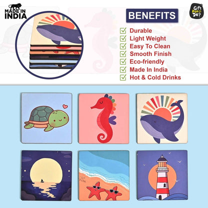Coaster Set of 4 & 6 Sea Life & Cartoon Design | Wooden Coasters to Serve Tea Cups, Coffee Mugs and Glasses