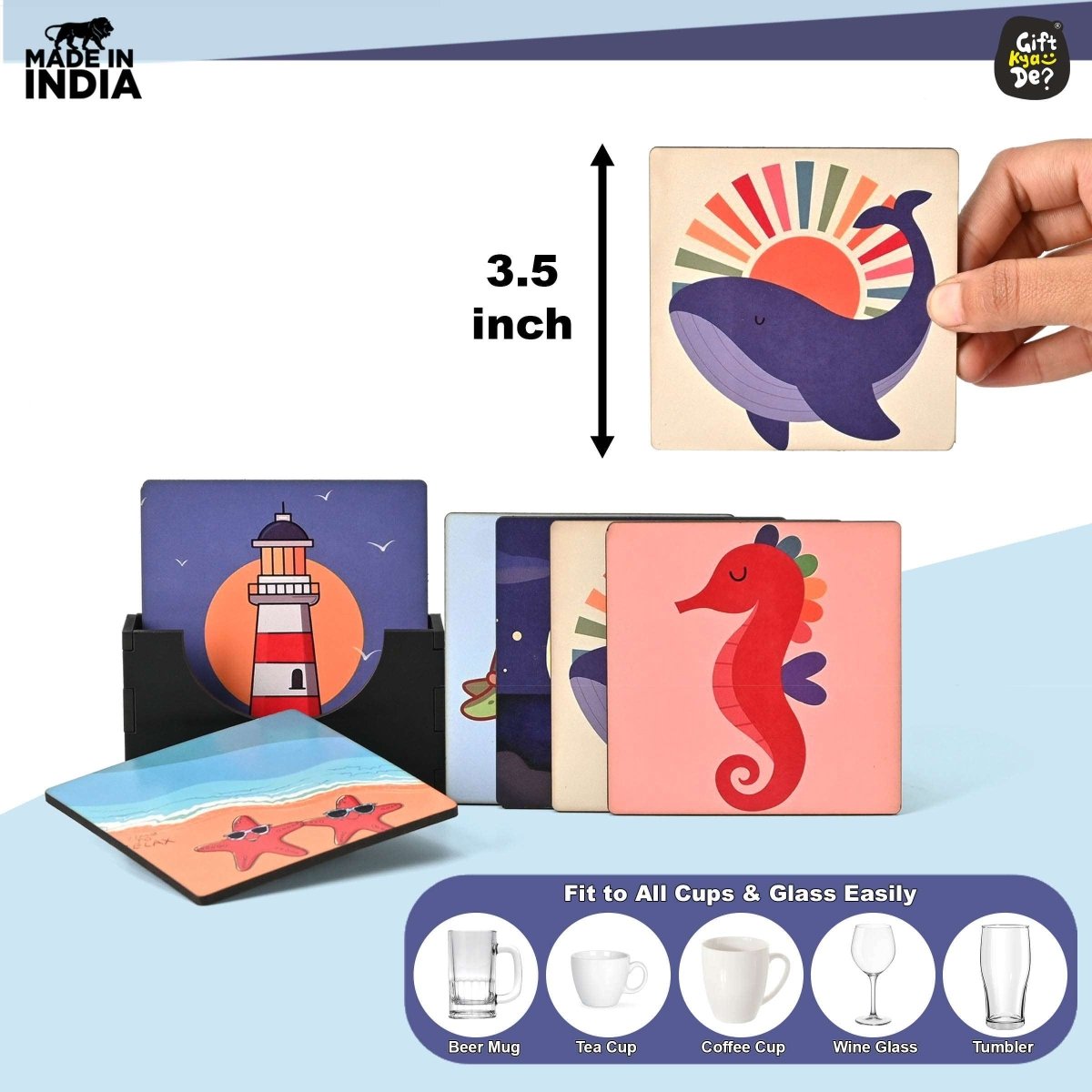 Coaster Set of 4 & 6 Sea Life & Cartoon Design | Wooden Coasters to Serve Tea Cups, Coffee Mugs and Glasses