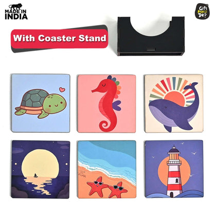 Coaster Set of 4 & 6 Sea Life & Cartoon Design | Wooden Coasters to Serve Tea Cups, Coffee Mugs and Glasses