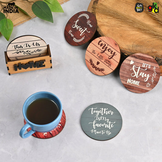 Home Quotes Wooden Coaster Set Of 6 With Stand – Perfect for Tea & Coffee Mugs