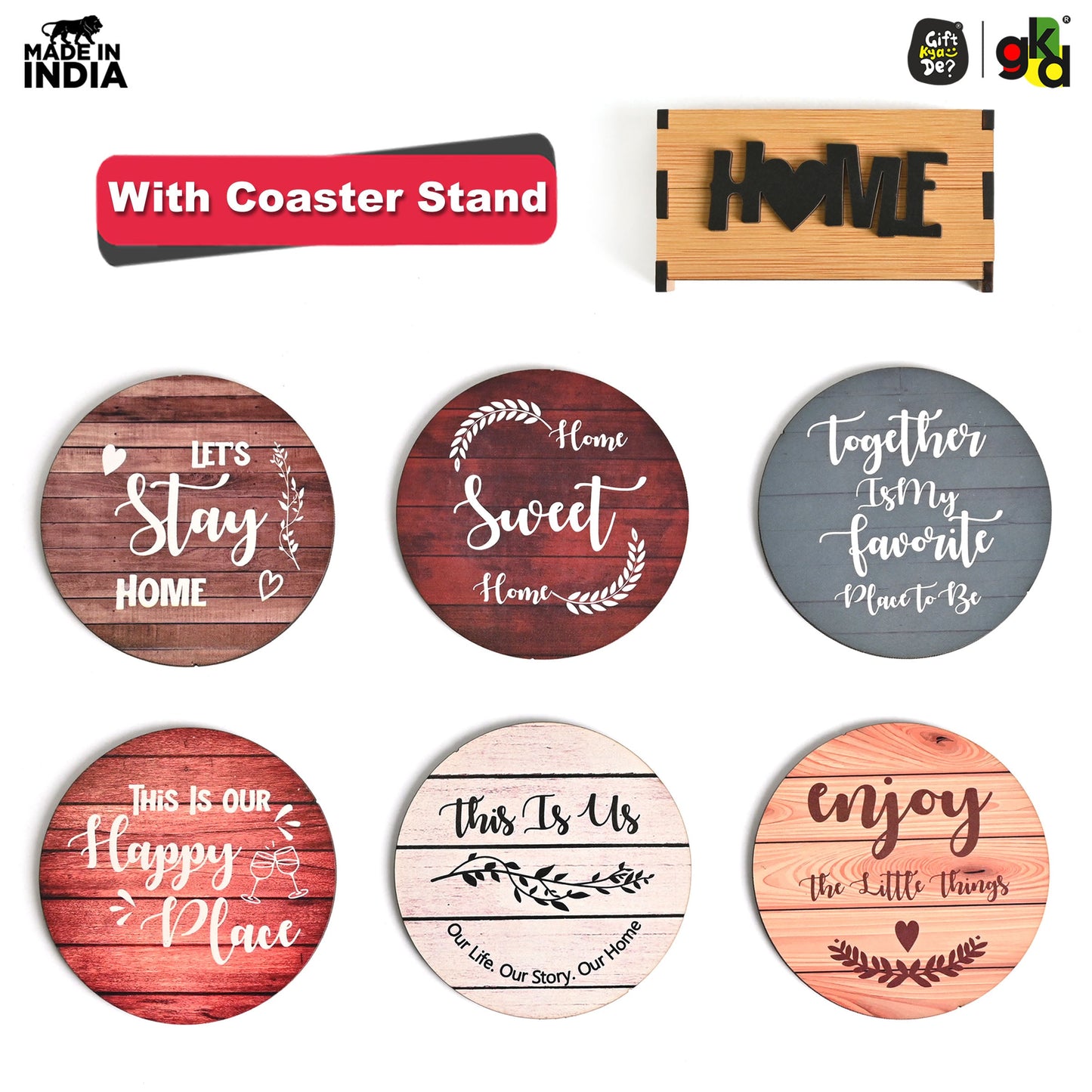 Home Quotes Wooden Coaster Set Of 6 With Stand – Perfect for Tea & Coffee Mugs